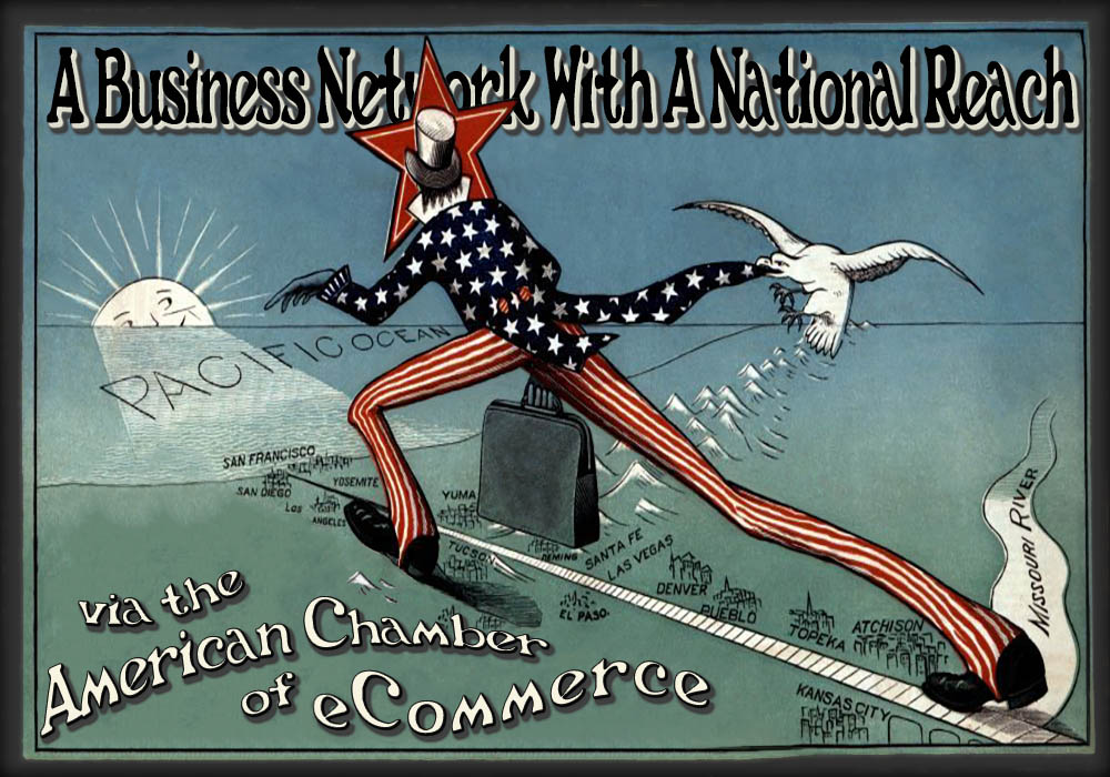 early 20th century poster of uncle sam stepping accross half the country representing the chamber's national reach