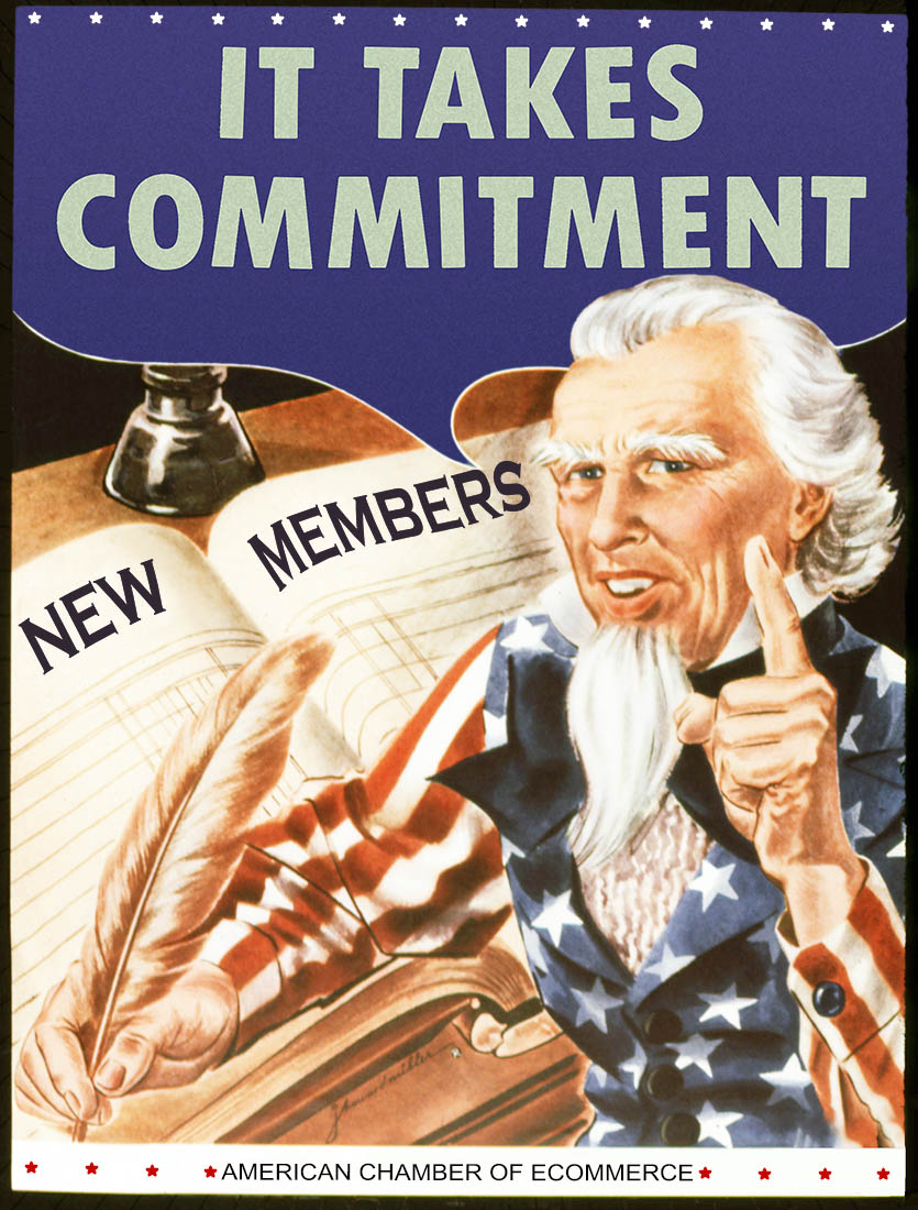 WWI poster of uncle sam sitting at a ledger to record new chamber members saying it takes commitment