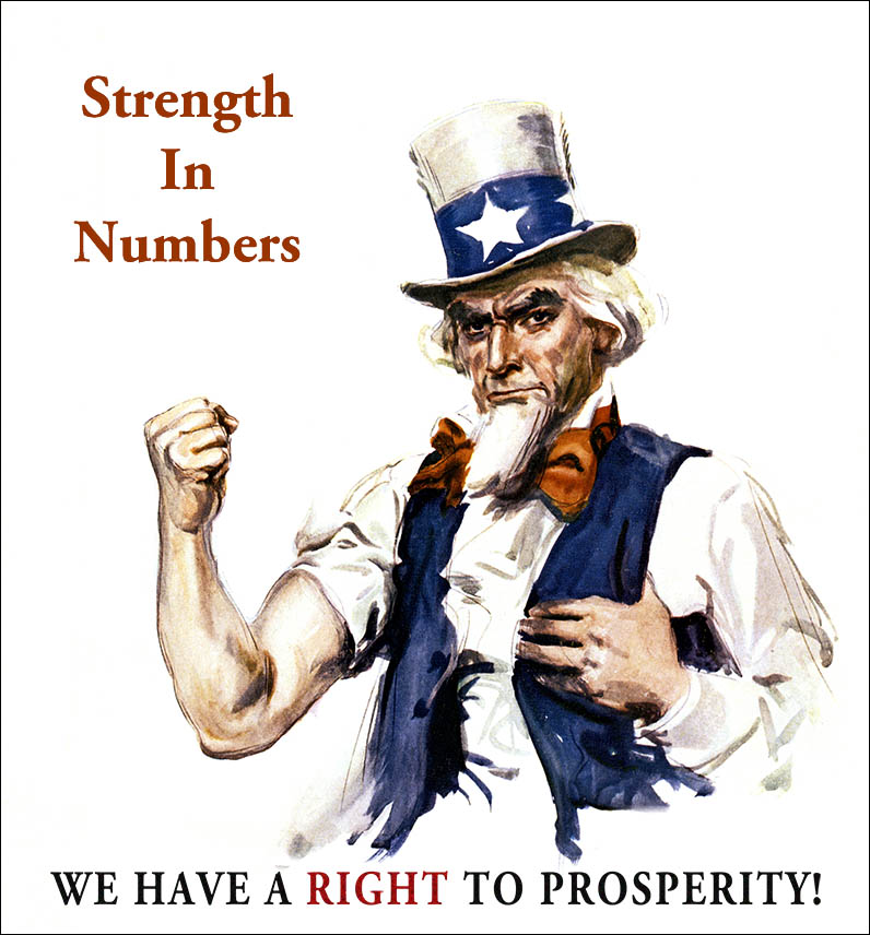 old WWI poster of uncle sam flexing his muscles saying strength in numbers to promote the chamber